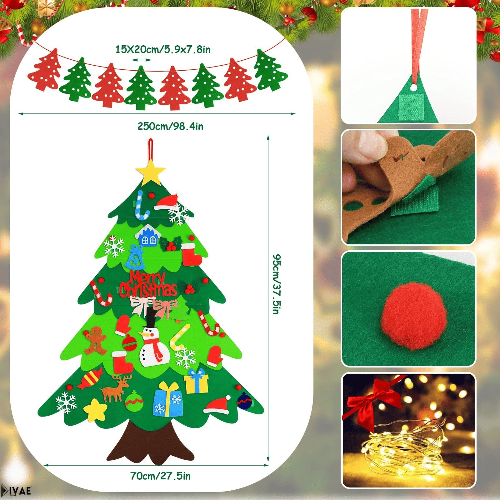 Árbol de navidad Montessori con 25 Adornos + luces LED 3m (REGALO)